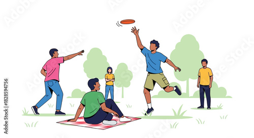 A group enjoys a frisbee game at a park with trees a blanket and people