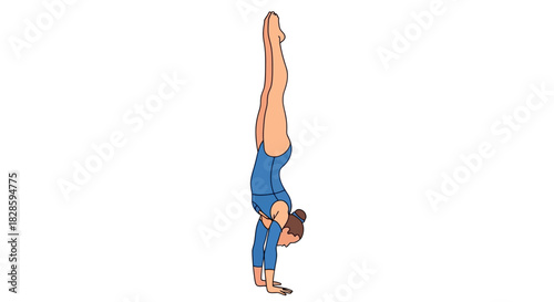 A gymnast in a blue leotard performs a handstand with perfect alignment