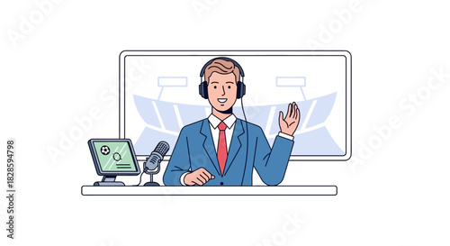 A man in a suit with headphones waving in front of a monitor and microphone