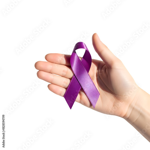 Hand holding a purple ribbon isolated on transparent background to support a cause