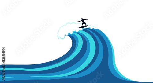 A surfer in silhouette rides atop a large stylized ocean wave