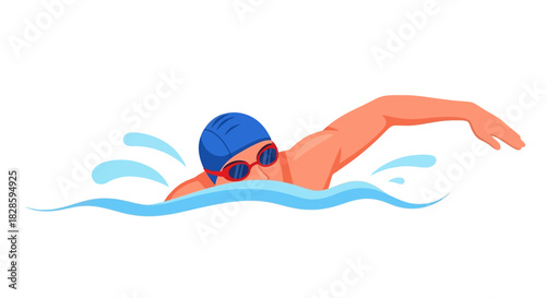 A swimmer with goggles and a cap is submerged in water with one arm extended forward