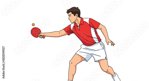 A table tennis player is about to hit an orange ball with a red paddle