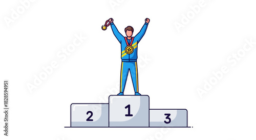 A winner stands on the podium holding a medal in the air