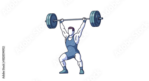 A weightlifter hoists a barbell overhead while in a squat position