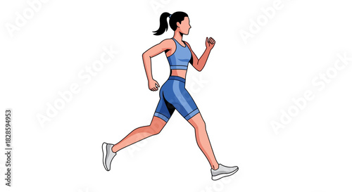 A woman wearing athletic attire is running on a white backdrop