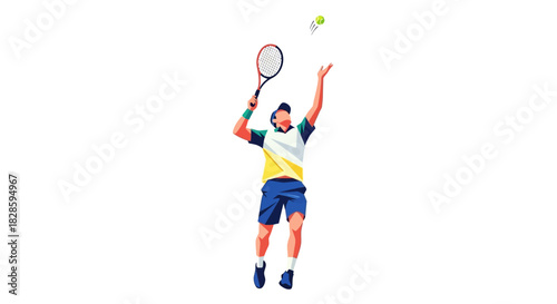 A tennis player is about to serve a ball standing on a white background