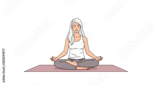 A woman with white hair is crosslegged meditating on a pink mat