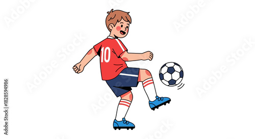 A young soccer player in a red jersey with the number 10 juggling a soccer ball