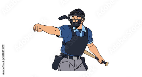 Baseball umpire in protective gear signals an out holding a bat