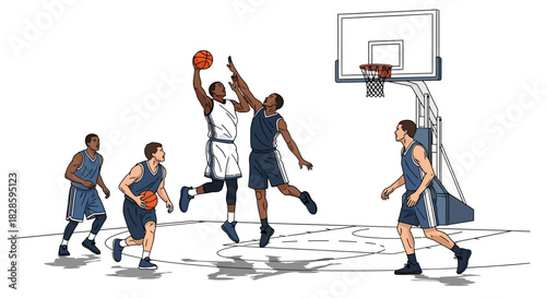 Basketball game illustration two players jump one shooting others nearby by the hoop on a court