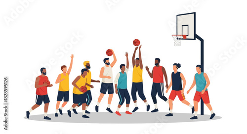 Basketball game players in uniforms some shooting near a basketball hoop