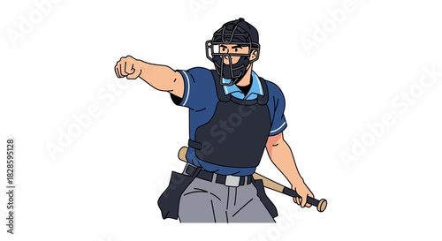 Baseball umpire signals with a fist wearing mask and chest protector