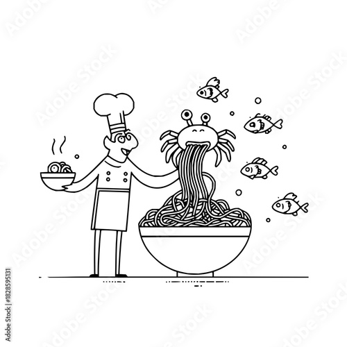 Chef preparing seafood spaghetti with crab and fish, delicious italian pasta cuisine, culinary art, food art