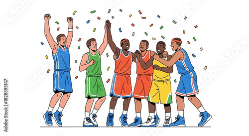 Basketball team celebrating with arms up confetti falling around them
