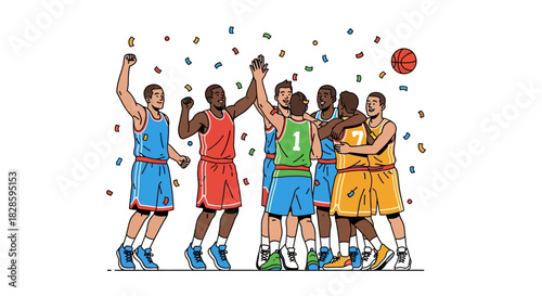 Basketball team celebrates victory amidst falling confetti one player holds a ball