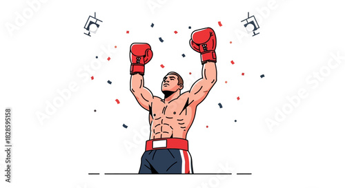 Boxer in red gloves with arms raised confetti falling under spotlights