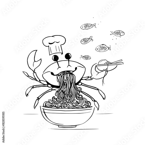 Crab chef eating seafood pasta with chopsticks and fish a culinary delight with a chef hat illustration