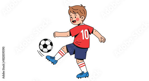 Boy in red jersey kicking soccer ball wearing blue shorts redwhite socks