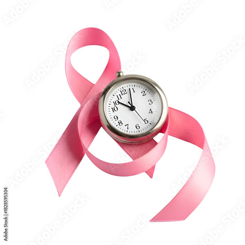 Pink ribbon cancer awearness and clock isolated on transparent background for breast cancer awareness
