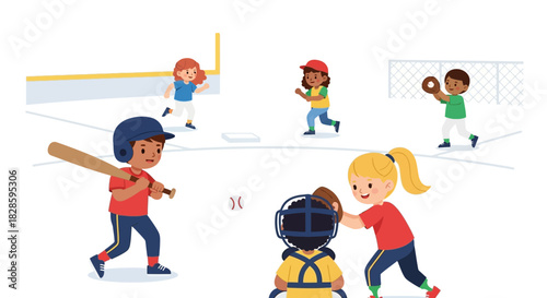 Children play baseball one catching another batting more running on field