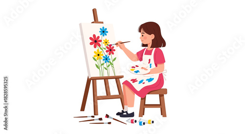 Young girl enthusiastically painting colorful flowers on a canvas on an easel, surrounded by art supplies and paint bottles, capturing a moment of creativity and artistic expression