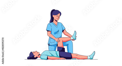 Female physiotherapist working with female patient in recovery on white background, vector illustration