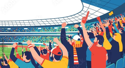 Crowd cheers in stadium people wave raise arms celebrating event in filled arena