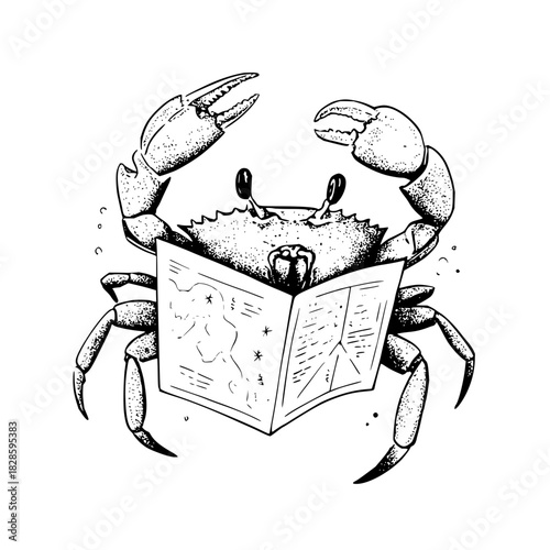 Crab reading map nautical sea ocean animal illustration crustacean marine wildlife travel adventure journey guide