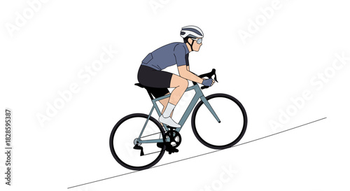 Cyclist riding up inclined line wearing helmet and shades on gray bike