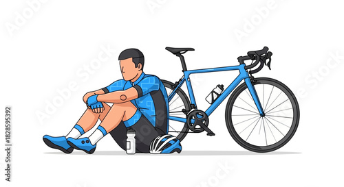 Cyclist resting beside a blue road bike water bottle and helmet