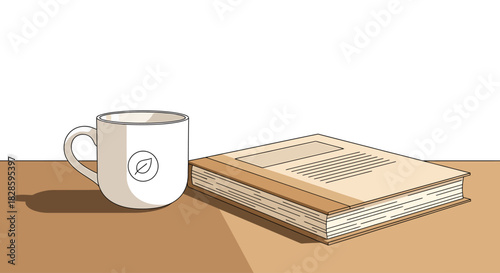 A minimalist vector illustration of a quiet morning scene with a book and a cup of tea or coffee on a table