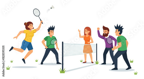 Five individuals playing badminton outdoors with a net rackets and a shuttlecock