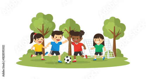 Four children in colorful shirts play soccer on a green field near a soccer goal and trees