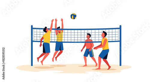 Four people play beach volleyball with a blue and yellow ball over a net