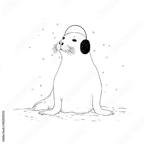 Seal winter earmuffs snow animal cute arctic mammal wildlife drawing illustration sketch outline cold season