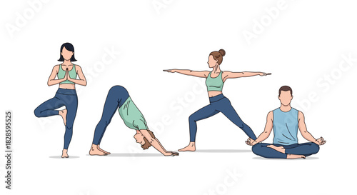 Four figures in yoga poses tree downward dog warrior  seated lotus