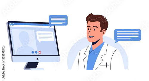 Smiling male doctor engaged in a virtual medical consultation via computer, illustrating modern telemedicine, online healthcare services, and remote patient care