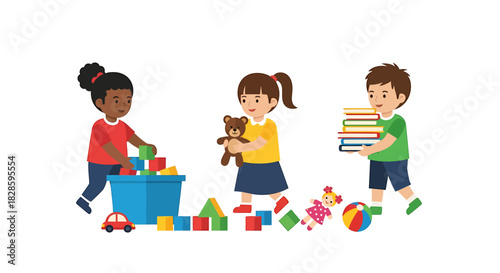 Children playing with toys Vector illustration of kids in a playroom enjoying childhood activities with various games