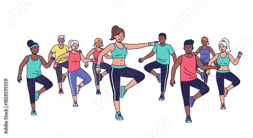 Group exercise class with diverse adults in athletic wear doing a knee lift