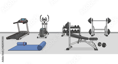 Gym equipment treadmill elliptical weights bench barbell and mat on a gray floor