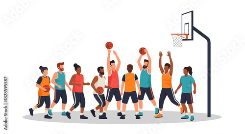 Group of diverse people playing basketball near a hoop