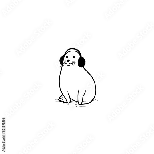 Illustration of a cute seal wearing earmuffs winter animal arctic mammal sea creature adorable line art drawing 100