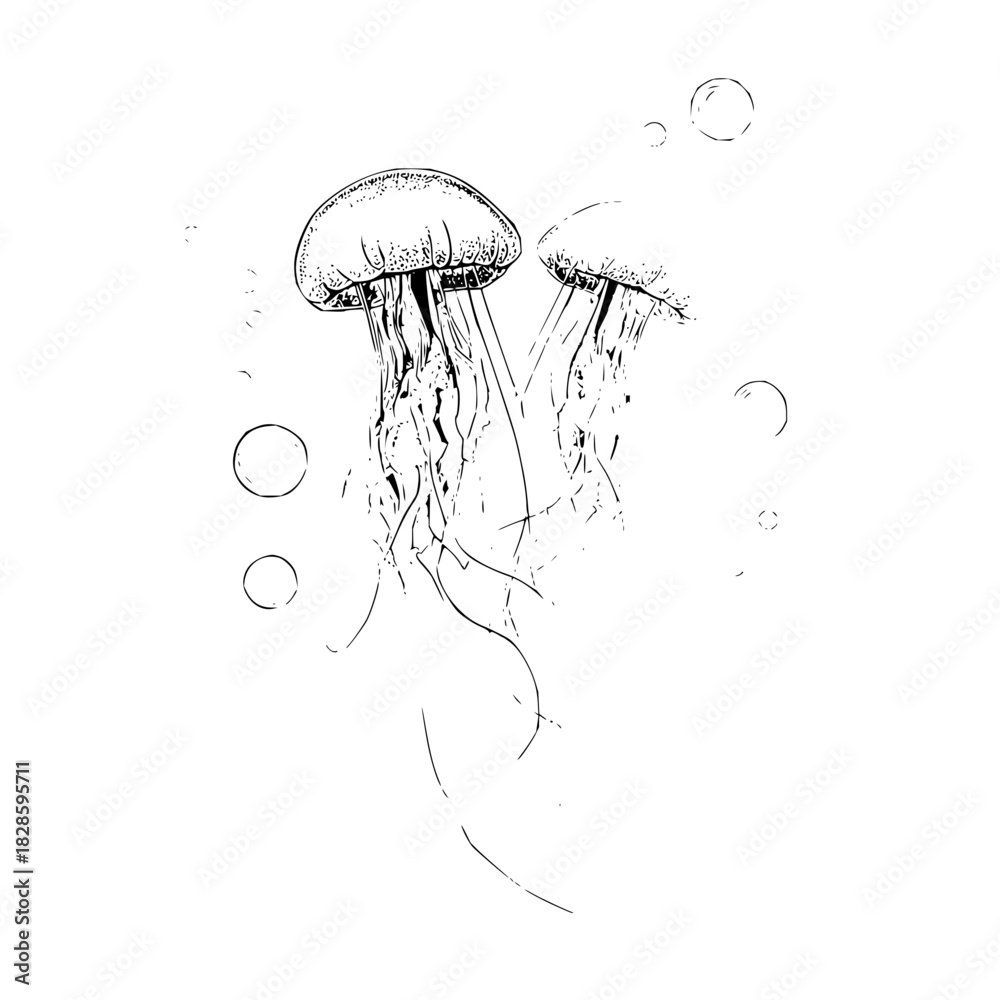Fototapeta premium Jellyfish ocean sea life marine biology underwater aquatic animal wildlife nature drawing illustration art