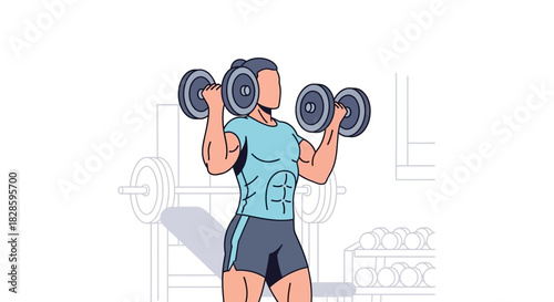 Muscular figure lifts dumbbells in a gym equipment outlines in background