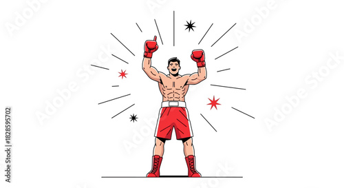 Muscular boxer victorious arms raised in red gloves  boots surrounded by starbursts against white