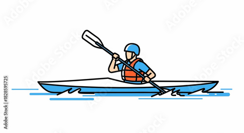 Paddler in kayak gear helmet life jacket paddle propels boat Waterline detail