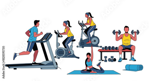 People working out in a gym man on treadmill women cycling stretching man lifting weights