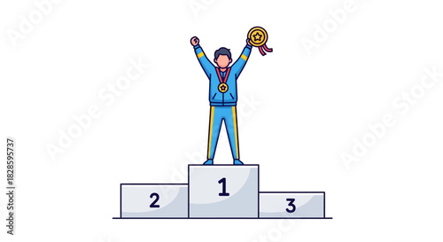 Person on a podium raises a gold medal on top of a podium