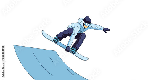 Person snowboarding off a ramp wearing winter gear